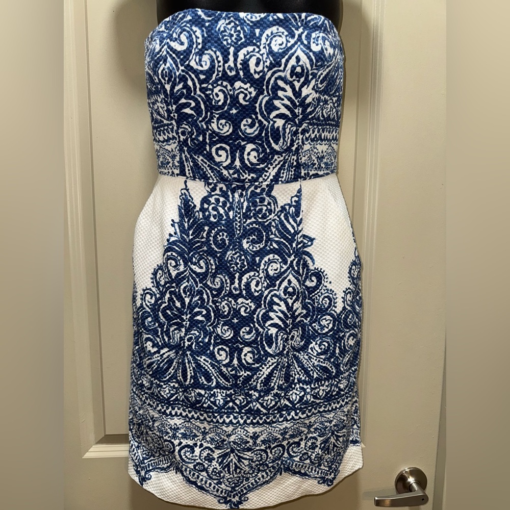 J. Crew Collection Ella Porcelain Paisley Blue White Strapless Dress size 6 - Picture 2 of 13